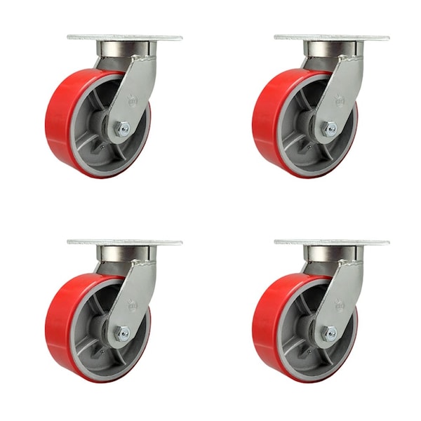 Service Caster 8'' Heavy Duty Red Poly on Cast Iron Swivel Caster Set with 2 Swivel Locks, 4PK CRAN-SCC-KP92S830-PUR-RS-BSL-2-S-2 - main